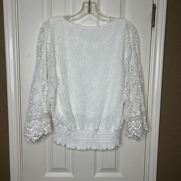 Women Top Boho Crochet Lace Lined Peasant Elastic Waist Flare Sleeve Size Sm ? - Picture 6 of 11